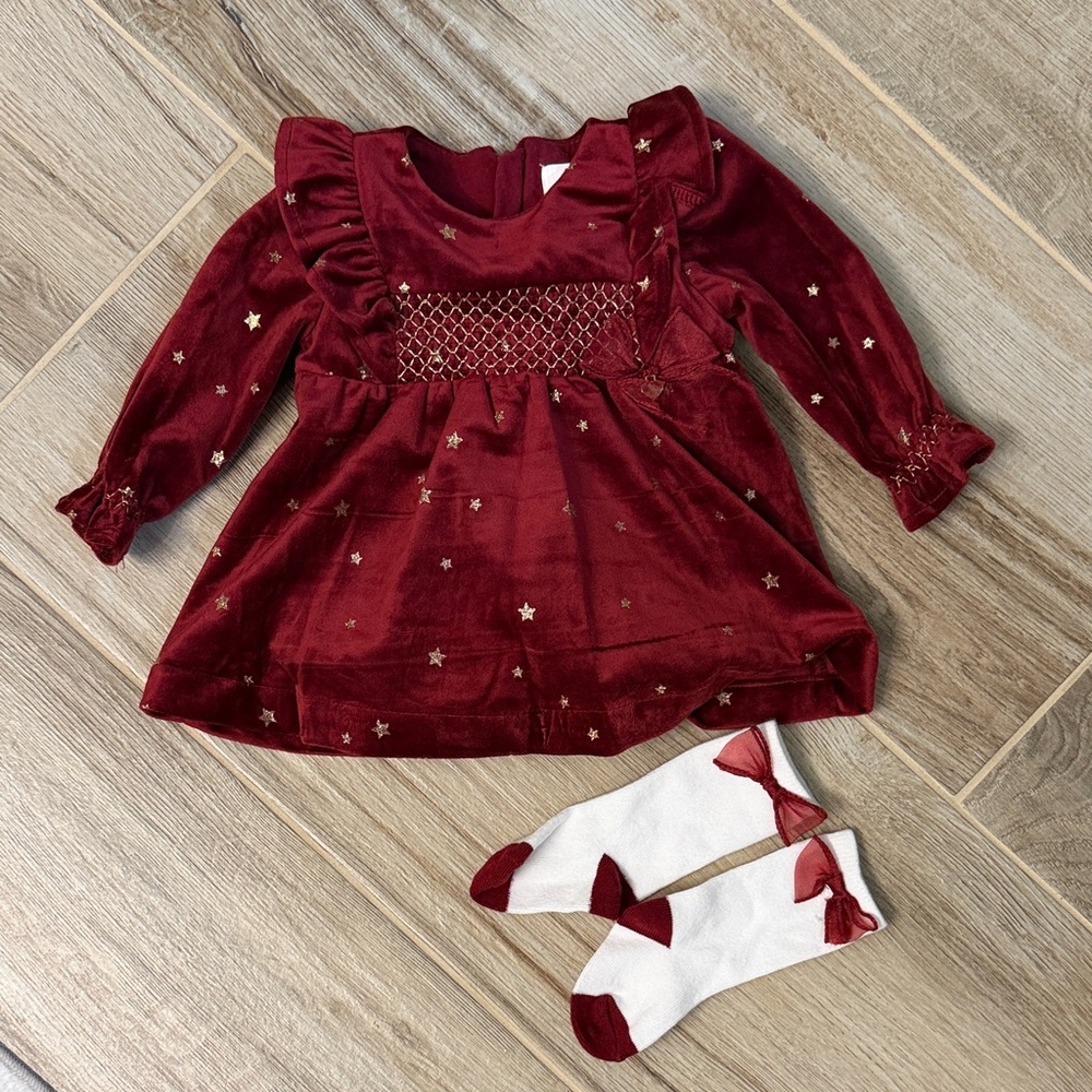 🌟2/$12 Jason Wu Red Velvet Baby Dress with Star Pattern and heart charm